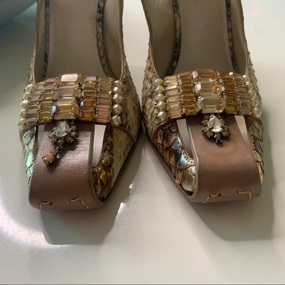 Vintage Christian Dior python square toe Jeweled gold sling back stiletto - Picture 12 of 16